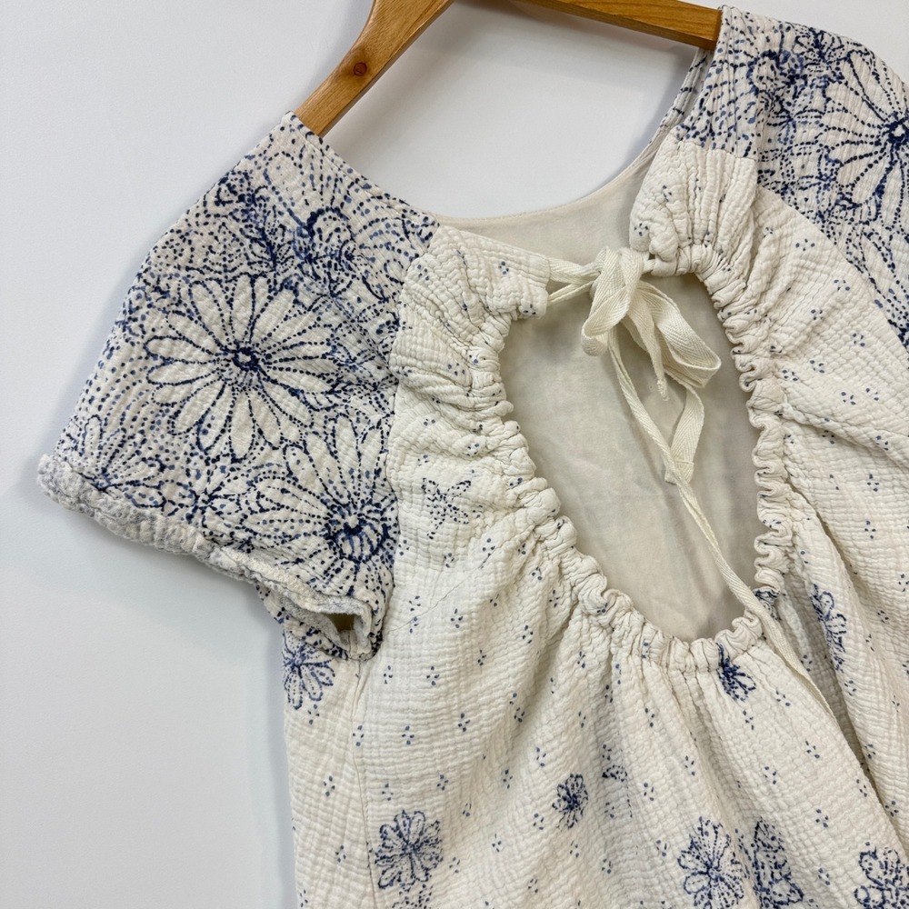 Free People Pinwheel Mini Dress Women M White Blue Floral Open Back Swing - Picture 6 of 15